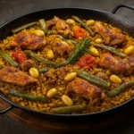 Tradycyjna paella valenciana z kurczakiem, królikiem, fasolką i złocistym ryżem