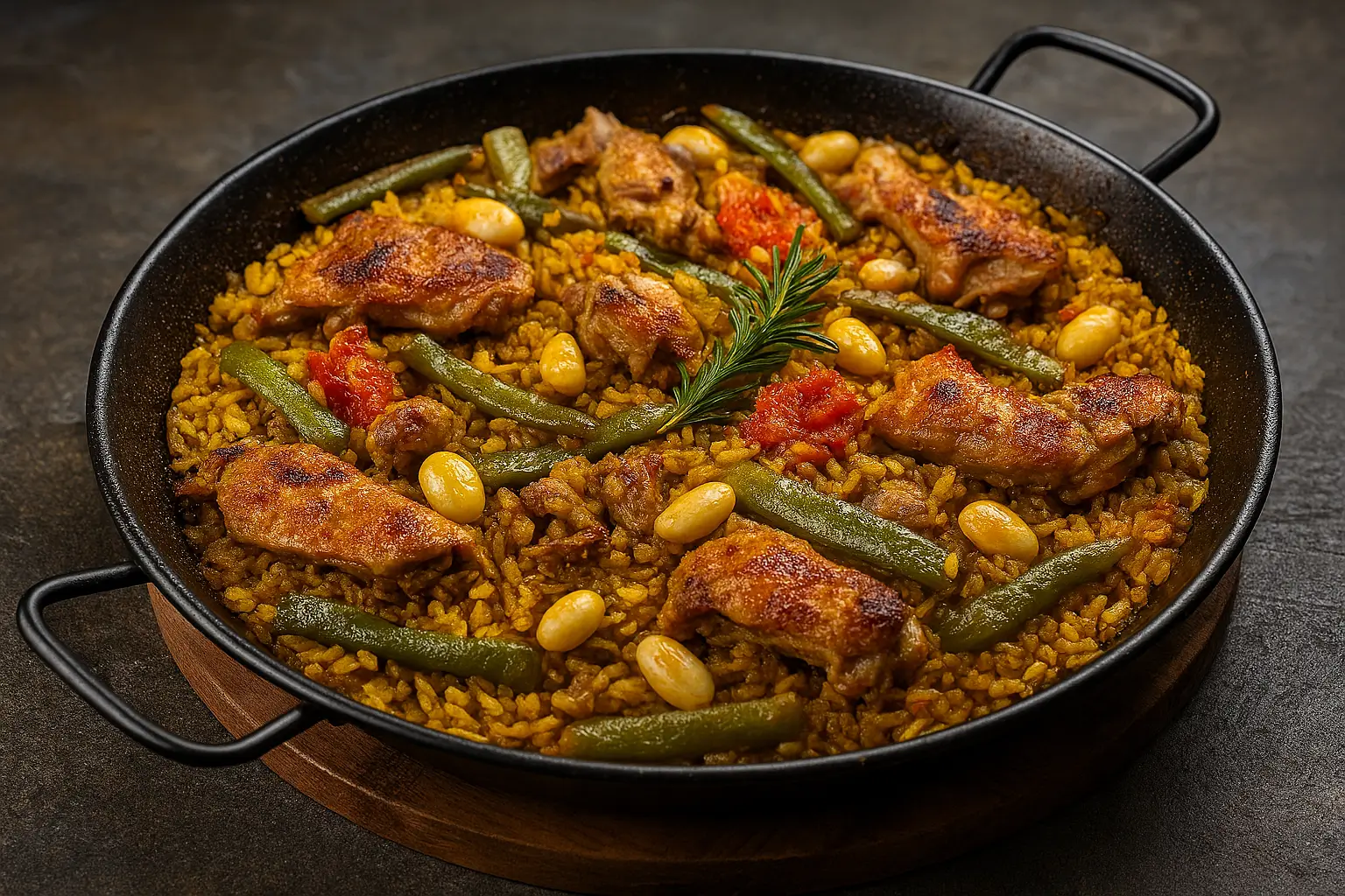 Tradycyjna paella valenciana z kurczakiem, królikiem, fasolką i złocistym ryżem